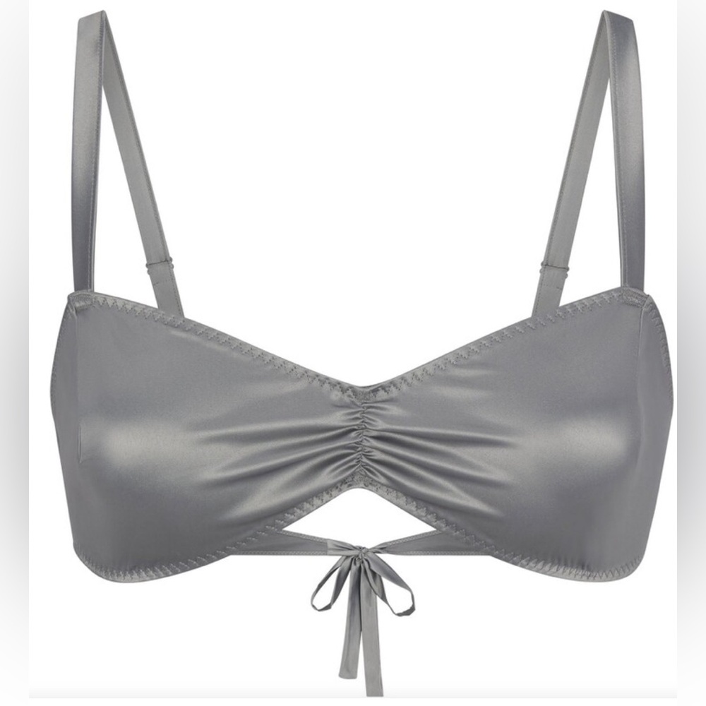 NWT SKIMS Woven Shine Tie Back Bralette Chrome Large - Picture 2 of 5
